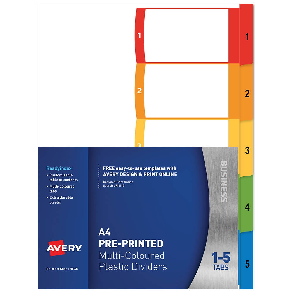 AVERY 920145 L7411-5 CUSTOMISABLE DIVIDER PP MULTICOLOUR 1-5 TABS