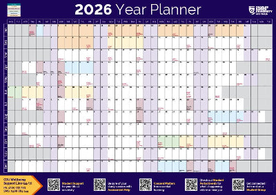 2026 Year Planner with colorful squares for each month on a blue background