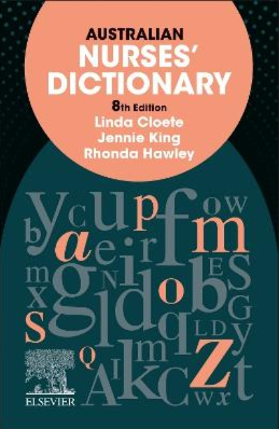 Book cover of 'Australian Nurses' Dictionary' with a title in uppercase letters on a dark background.