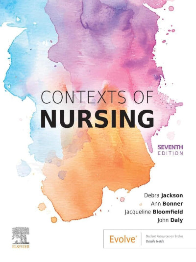 Book cover of 'Contexts of Nursing' with colorful abstract design