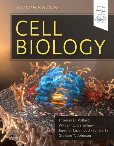 Book cover of 'Cell Biology' with molecular structures and text on a dark background