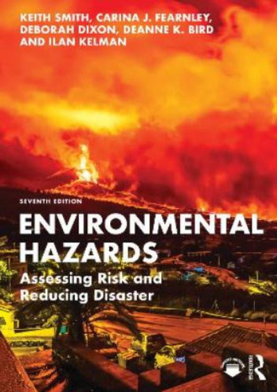 Book cover of 'Environmental Hazards' with a fiery background