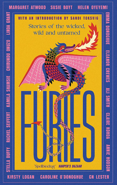 Book cover of 'Furies' with a colorful dragon illustration on a yellow and blue background.