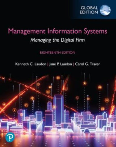 Book cover of 'Management Information Systems: Managing the Digital Firm' with a cityscape design on a black background.