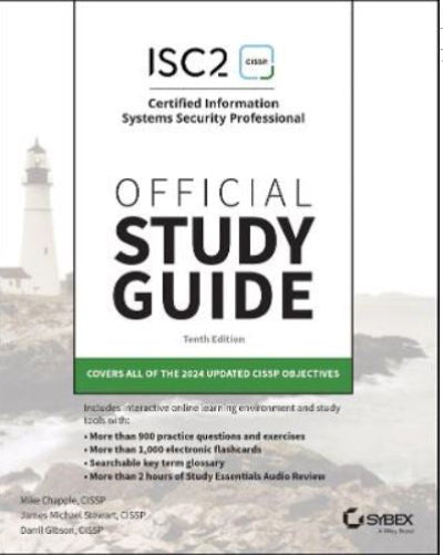 Book cover of 'ISC2 Certified Information Systems Security Professional Official Study Guide' with a lighthouse in the background.