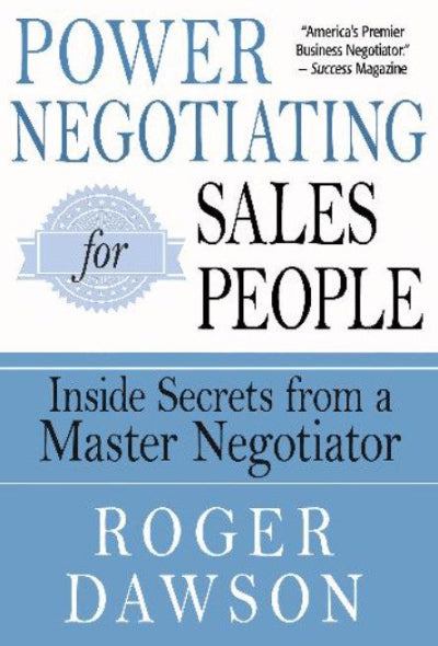 Book cover of 'Power Negotiating for Sales People' by Roger Dawson with a blue and white color scheme.