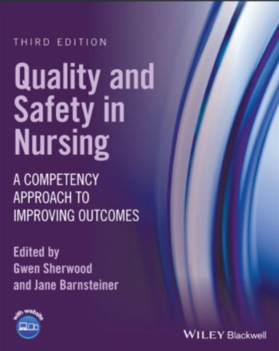 Book cover of 'Quality and Safety in Nursing' with a purple background and white text.