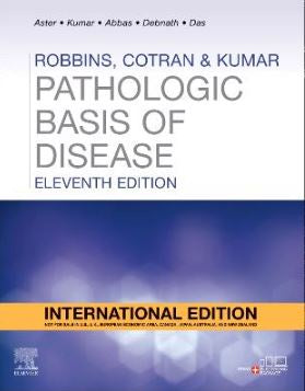 Book cover of 'Pathologic Basis of Disease' by Robbins, Cotran & Kumar with a blue and white design.