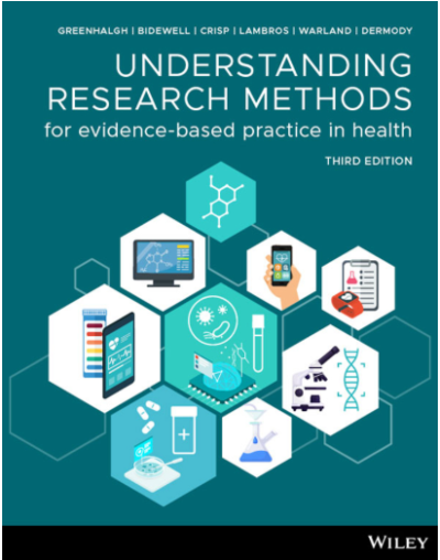 Book cover of 'Understanding Research Methods for Evidence-Based Practice in Health' with icons and text on a teal background.