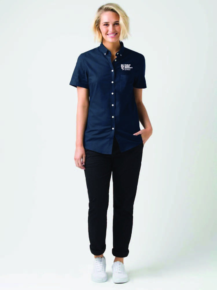 WOMENS SMITH OXFORD SHIRT NAVY SHORT SLEEVE