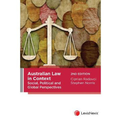 Book cover of 'Australian Law in Context' with a legal scale and colorful background.