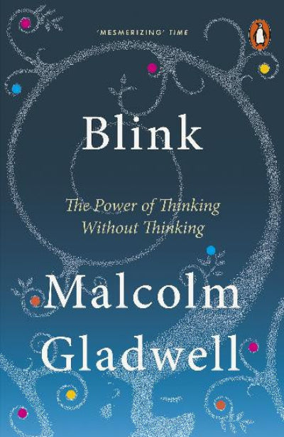 Book cover of 'Blink' by Malcolm Gladwell, featuring a dark blue background with white chalk-style circular scribbles and small colorful dots. The Penguin logo is visible in the top right corner.