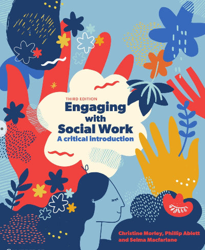 Book cover of 'Engaging with Social Work: A critical introduction' with colorful illustrations and text.