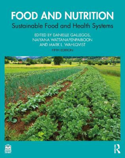 Book cover of 'Food and Nutrition: Sustainable Food and Health Systems' with a green field and trees in the background.