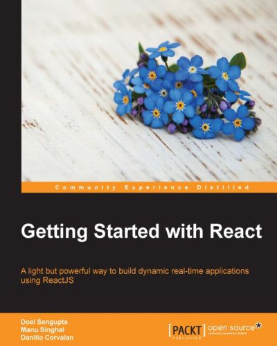 Book cover of 'Getting Started with React' by Packt Publishing on a wooden surface with blue flowers.