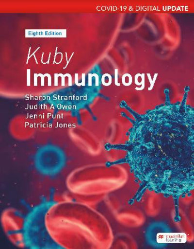 Book cover of 'Kuby Immunology' with immunological elements and text.