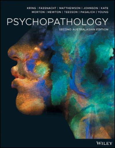 Book cover for 'Psychopathology: Second Australasian Edition' with a dark navy background, large white title text, author names at the top, and a stylized side profile of a face filled with colorful abstract blue, teal, orange, and yellow brushstrokes. Wiley logo appears at the bottom right.