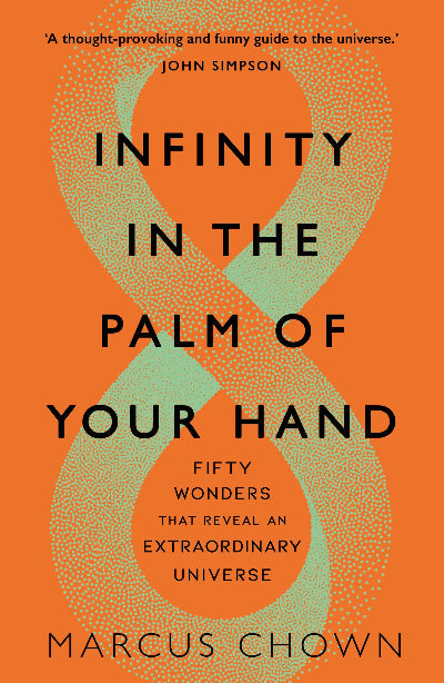 Book cover of 'Infinity in the Palm of Your Hand' with an orange background and abstract design.