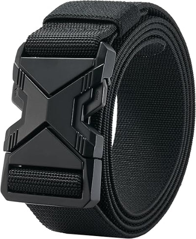 Black belt with a large metallic buckle on a white background