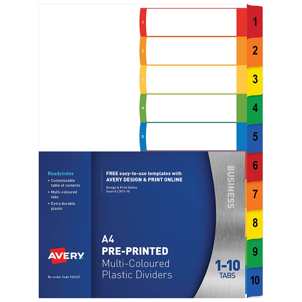 AVERY 920147 L7411-10 CUSTOMISABLE DIVIDER PP MULTICOLOUR 1-10 TABS