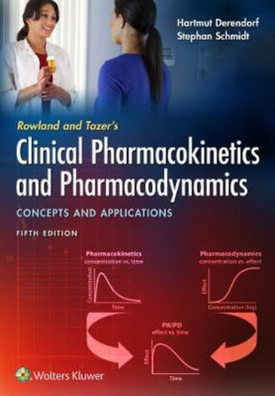 Cover of the book 'Clinical Pharmacokinetics and Pharmacodynamics: Concepts and Applications' by Rowland and Tozer, featuring a graphic design with a woman in a lab coat holding a glass, and text that includes the title and the names of the authors.