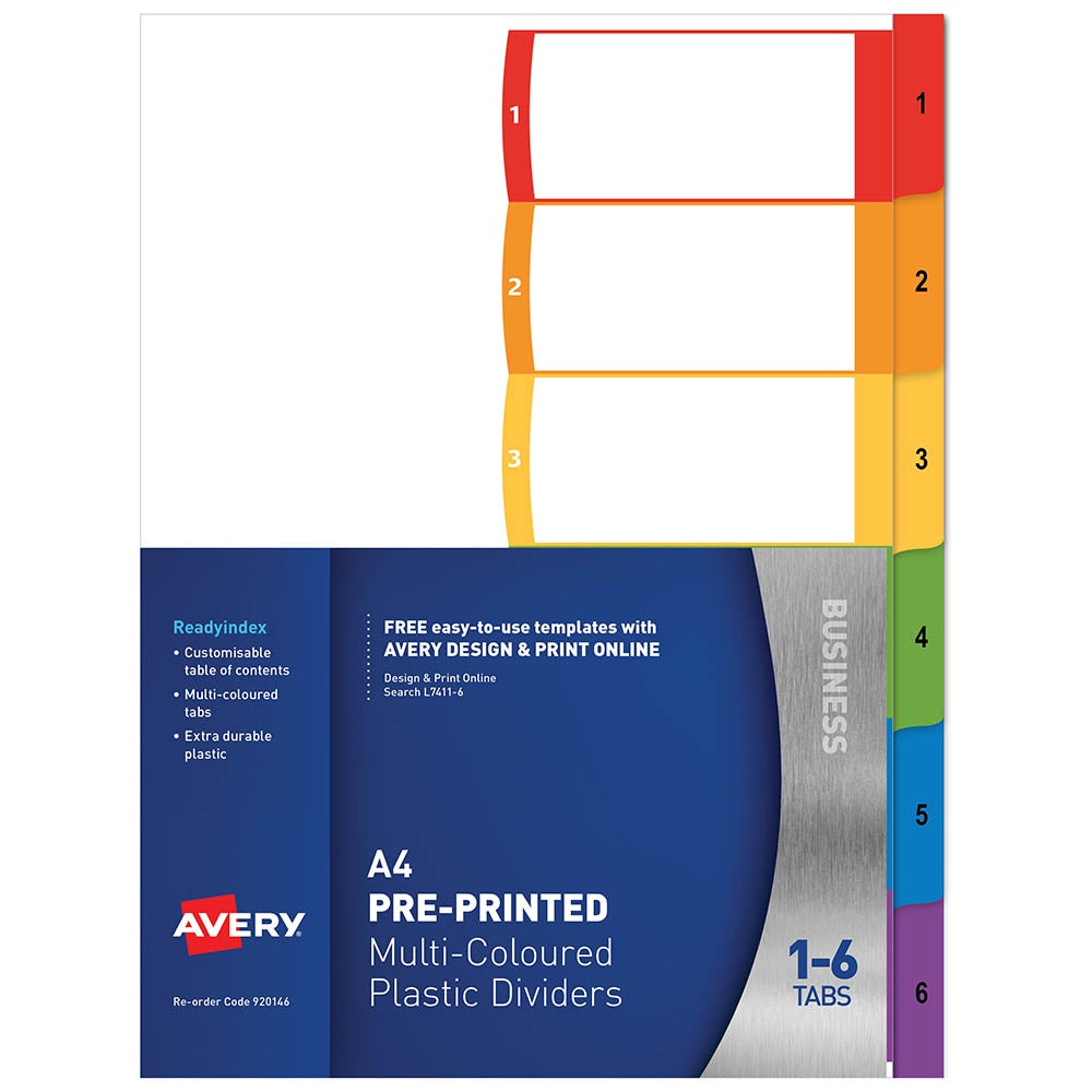AVERY L7411-6 CUSTOMISABLE DIVIDER PP MULTICOLOUR 1-6 TABS